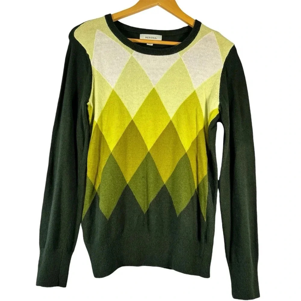 Merona Y2K Knit Wool Blend Green Patterned Crew Neck Sweater Size Medium M
